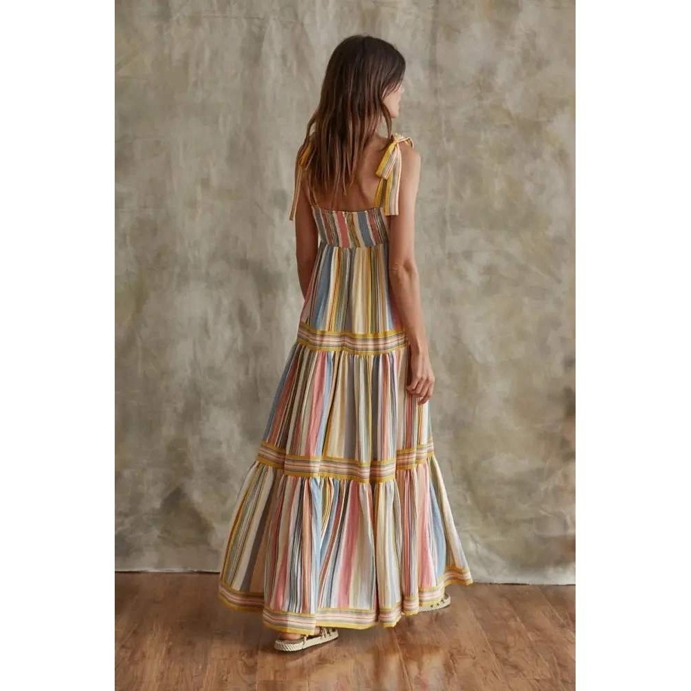 By Together Striped Tiered Maxi Dress Yellow Small Tie Shoulder Boho Whimsical - Picture 13 of 15